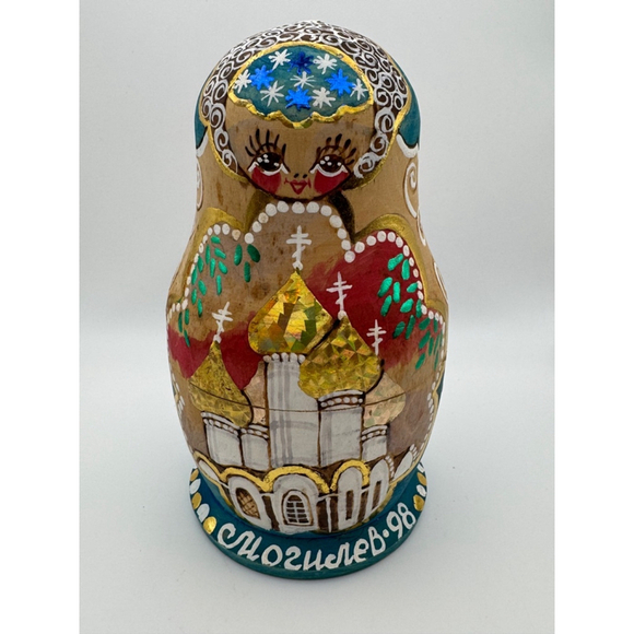 Vintage Hand-Painted 7 Wooden Nesting Dolls Set Beige Blue